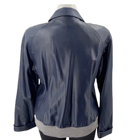 St. John XL blue leather jacket with pockets. Button front - Picture 6 of 11